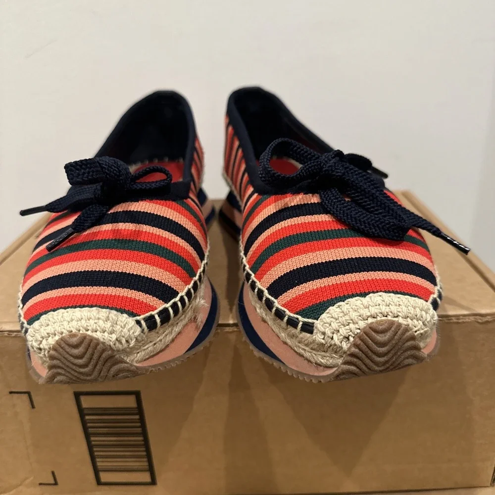 Tory Burch 9.5M Daisy Sport Multi Stripe Circular Knit Reva Bow Espadrille Flats